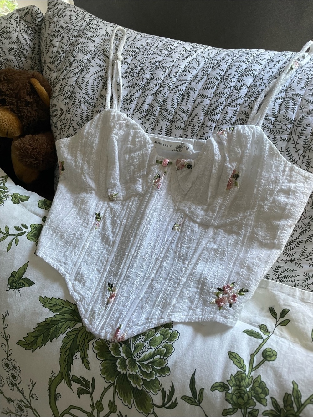Altar'd State White Textured Corset Camisole with Pink Floral Embroidery
